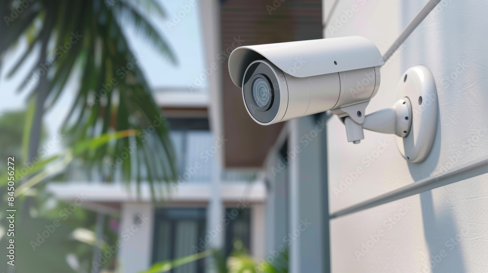 A sleek security camera installed on a residential wall, enhancing home security A sleek security camera installed on a residential wall, enhancing home security