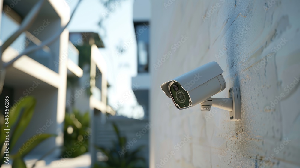 A sleek security camera installed on a residential wall, enhancing home security A sleek security camera installed on a residential wall, enhancing home security