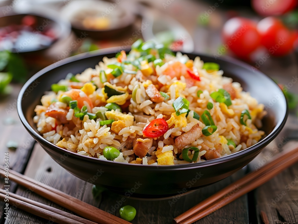 fried rice with a toping on the wood table fried rice with a toping on the wood table
