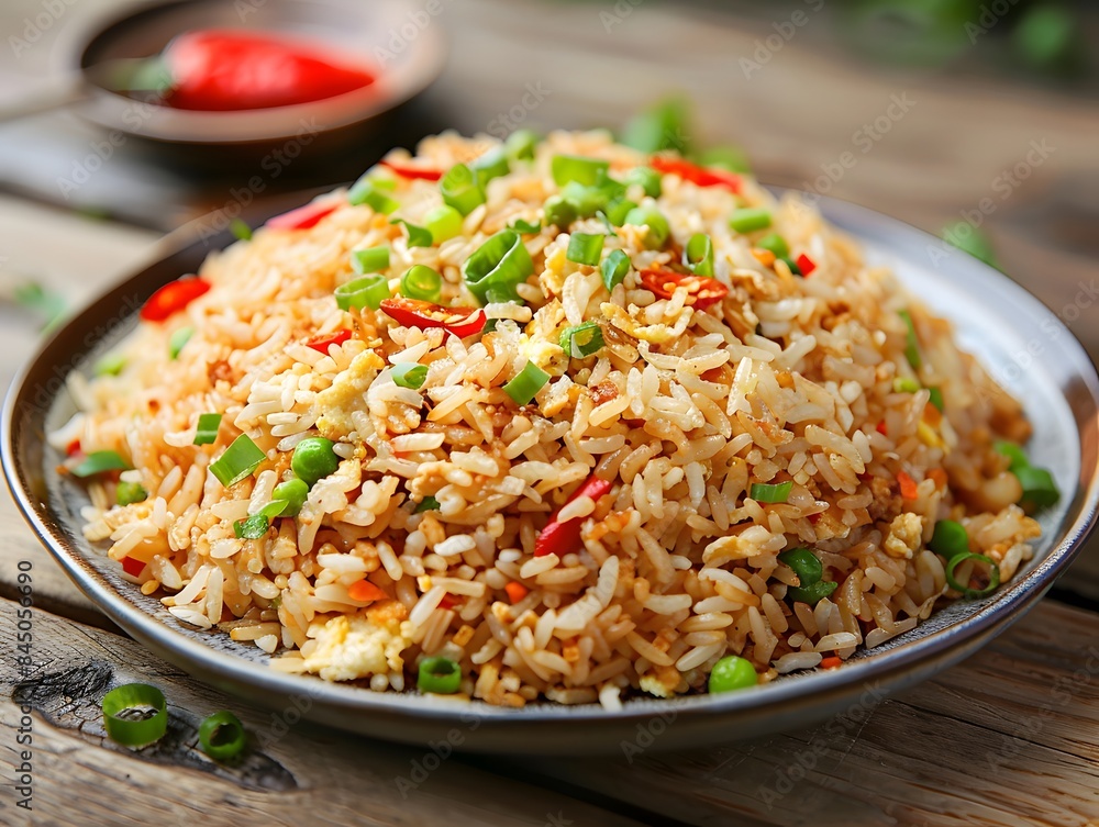 fried rice with a toping on the wood table fried rice with a toping on the wood table