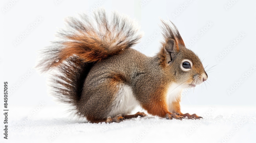 Eurasian red squirrel photographed against snowy white background in winter Eurasian red squirrel photographed against snowy white background in winter