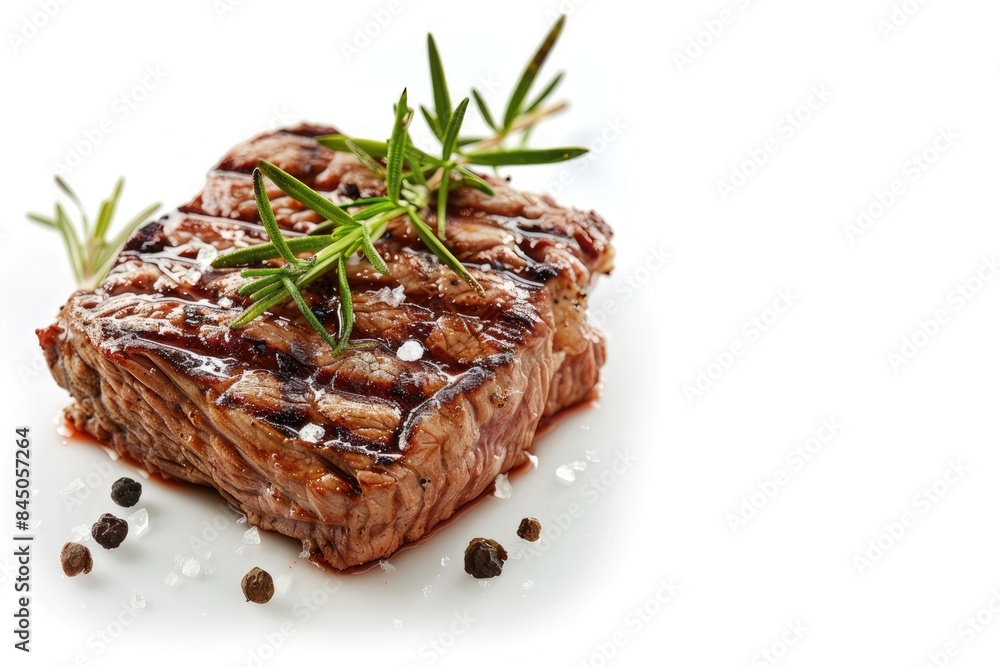 A piece of meat with a sprig of rosemary on top