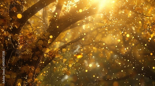 Sunlight gleams through the gilded foliage of the tree