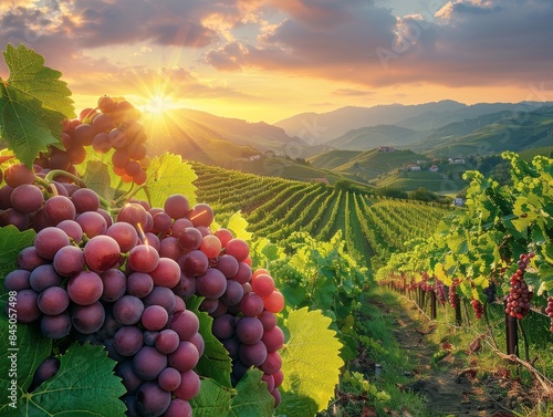 grapes growing in a beautiful green vineyard at dusk