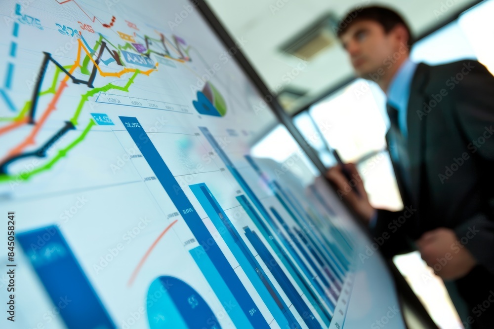 Professional Photography of a sales meeting in progress, with charts and graphs displayed on a whiteboard to analyze sales performance, Generative AI Professional Photography of a sales meeting in progress, with charts and graphs displayed on a whiteboard to analyze sales performance, Generative AI