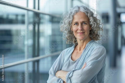 A portrait of a woman with grey hair, standing with her arms crossed in an office building. She is wearing a light blue shirt and has a confident expression