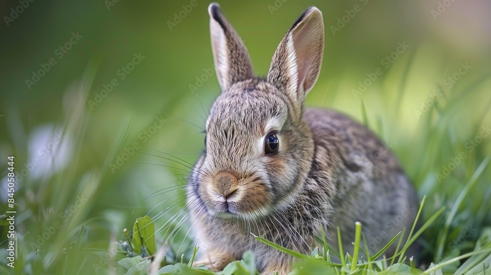 Fototapeta premium Springtime Baby Wild Rabbit Alert Near Rabbit Warren Oryctolagus cuniculus