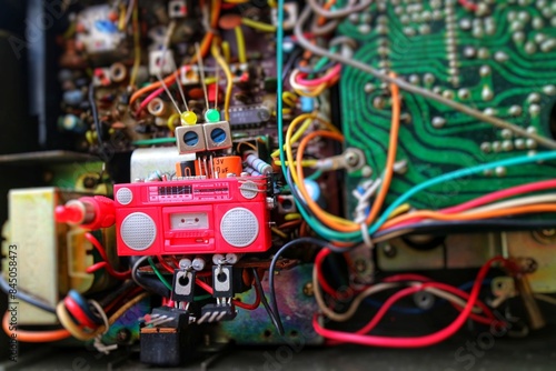 boombox toy inside boombox interior electrical components machine, old technology device