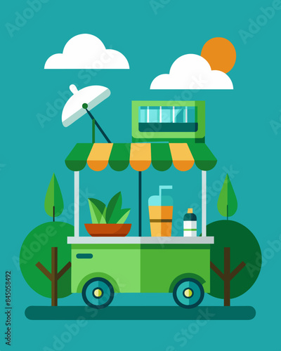 The ecofriendly street food carts are a popular choice a environmentallyconscious citizens who appreciate the use of renewable energy.. Vector illustration