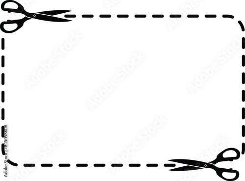Coupon border. Frame for text with scissors. Scissors cut lines. Scissors cutting square line. Cut out coupon border rectangle shape. Coupon scissors cut set