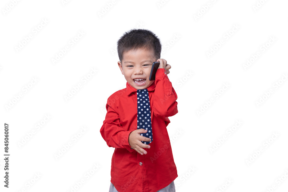 Adorable smiling little boy talking on smartphone isolated on white background. Concept of communication and Mother's Day love family lifestyle. Copy space Adorable smiling little boy talking on smartphone isolated on white background. Concept of communication and Mother's Day love family lifestyle. Copy space