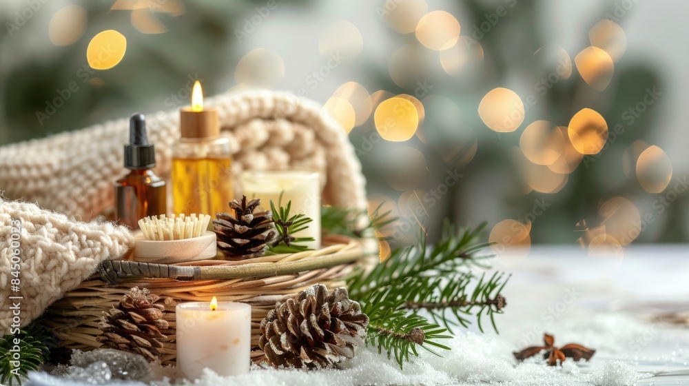 Christmas spa composition with beauty product basket pine tree branches essential oil and candle Christmas spa composition with beauty product basket pine tree branches essential oil and candle