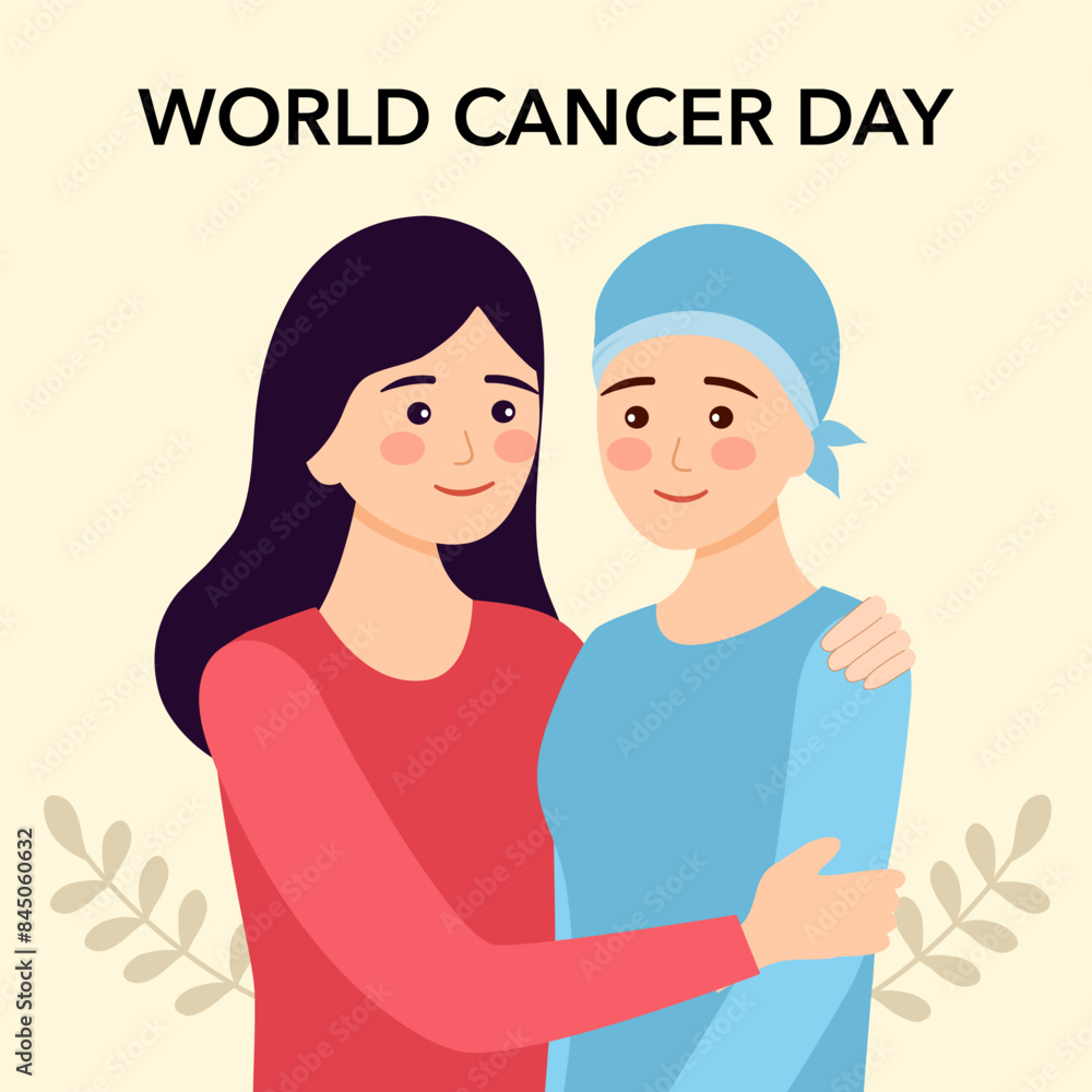 World cancer day concept. Female hugging her cancer patient friend.