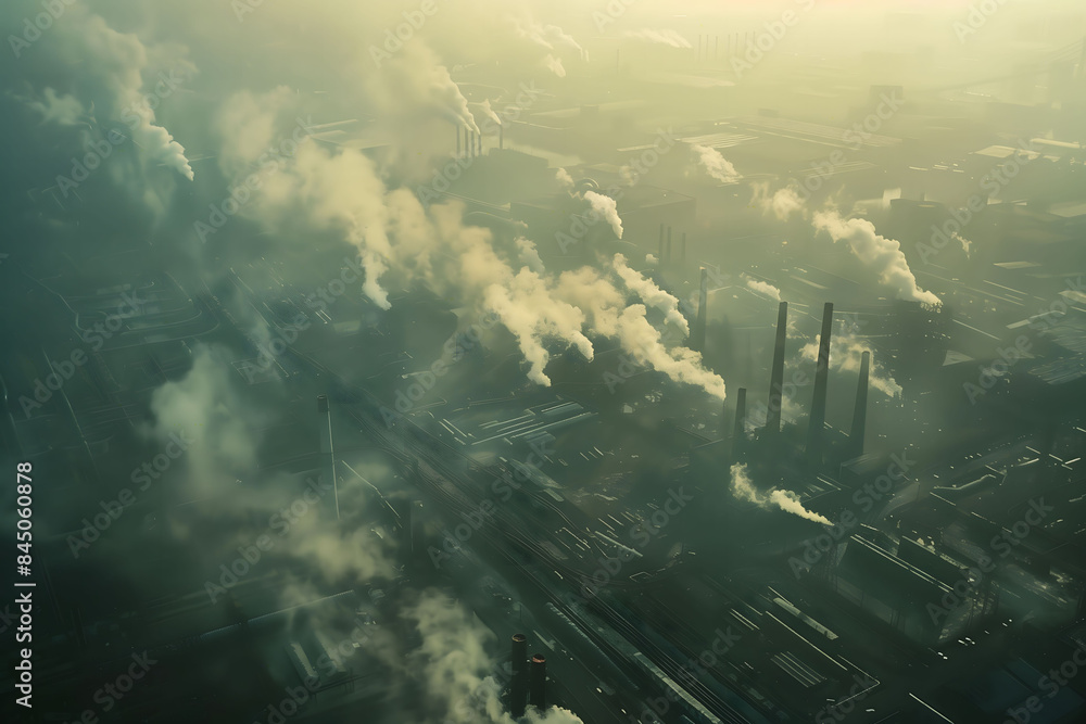 Fototapeta premium Aerial view film photography capturing the impact of urban pollution with factories and smog laden cityscapes.