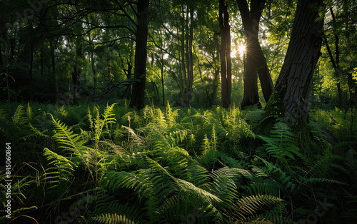 Serene summer forest with sunlight filtering through canopy  casting dappled shadows  vibrant ferns.
