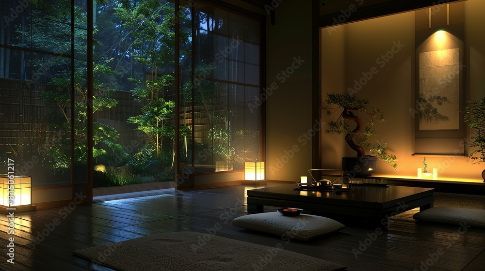 custom made wallpaper toronto digitalCalming Essence of a Japanese Zen-Style Living Room Under the Soft Glow of Evening