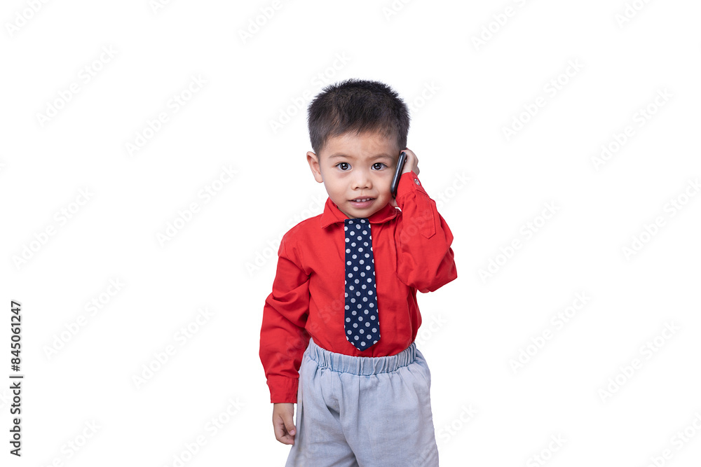 Adorable smiling little boy talking on smartphone isolated on white background. Concept of communication and Mother's Day love family lifestyle. Copy space Adorable smiling little boy talking on smartphone isolated on white background. Concept of communication and Mother's Day love family lifestyle. Copy space