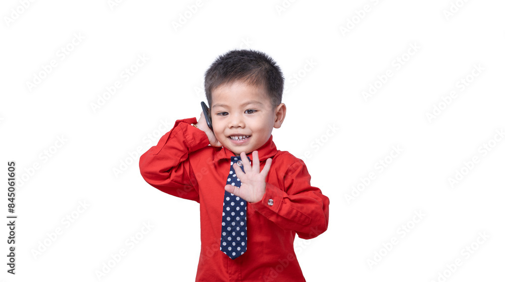 Adorable smiling little boy talking on smartphone isolated on white background. Concept of communication and Mother's Day love family lifestyle. Copy space Adorable smiling little boy talking on smartphone isolated on white background. Concept of communication and Mother's Day love family lifestyle. Copy space