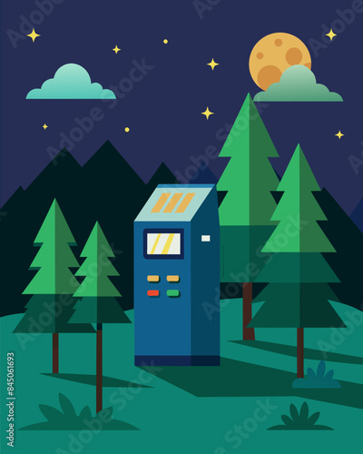 With no electricity in the remote forest the solarpowered ATM was the only means for the villagers to withdraw cash.. Vector illustration