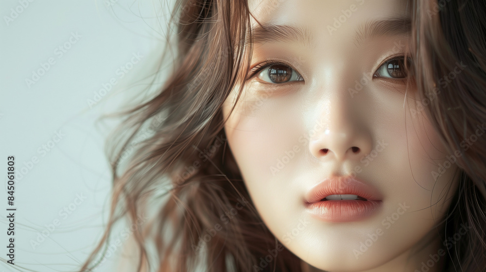 Young Asian woman with long wavy hair and Korean makeup style. Young Asian woman with long wavy hair and Korean makeup style.