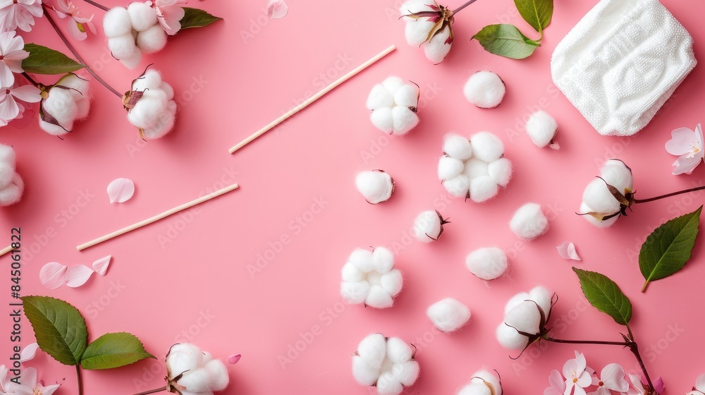 Pink background with cotton pads and buds for hygiene and beauty Pink background with cotton pads and buds for hygiene and beauty