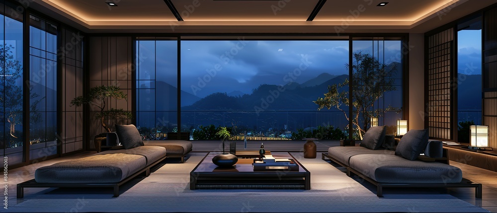 Fototapeta premium Calming Essence of a Japanese Zen-Style Living Room Under the Soft Glow of Evening