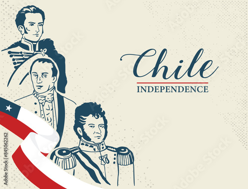 VECTORS. Editable banner for Chile Independence Day. The independence process is divided into three stages led by Jose Miguel Carrera, Casimiro Marco del Pont and Bernardo O'Higgins