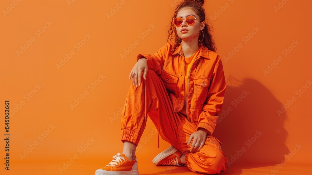 Fototapeta premium Vibrant Urban Fashion: Trendy Woman Posing in Orange Outfit Against Matching Background