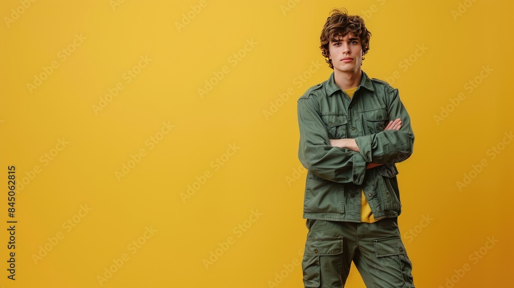 Casual Young Man in Green Jacket Against Yellow Background with Confident Pose Casual Young Man in Green Jacket Against Yellow Background with Confident Pose