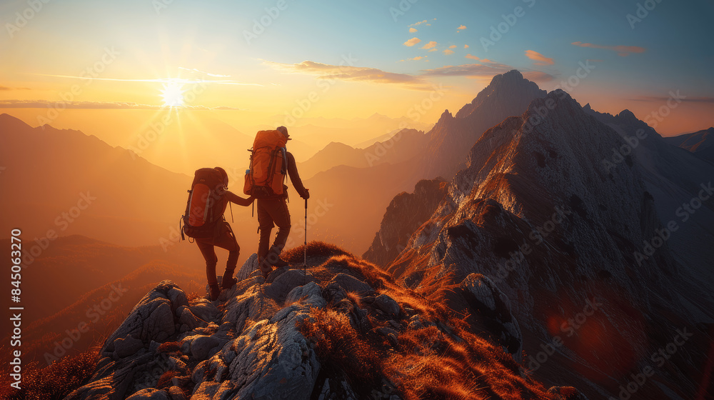 Climbers Supporting Each Other to Reach Mountain Summit at Sunrise