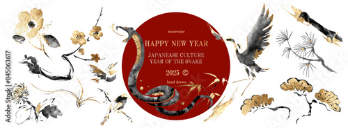 巳, 巳年, 年賀状, 蛇, 2025年, ベクター, へび, 筆, 筆書き, セット, 金, 金箔, 鶴, 梅の花, 花, 松竹梅, 鶯, 椿, 松, 和, 和風, 挿絵, イラスト