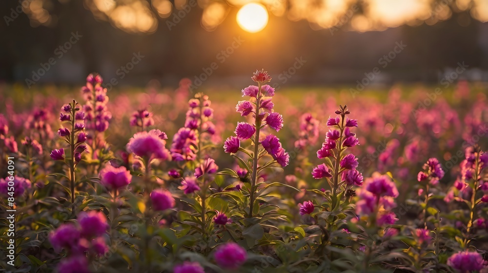 Purple flowers flutter in a field bathed in the warm light of a summer sunset. Purple flowers flutter in a field bathed in the warm light of a summer sunset.