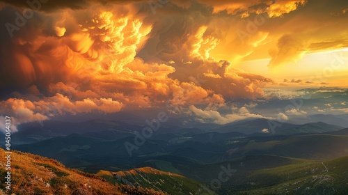Breathtaking scenery in the Balkan mountains during sunset with golden clouds