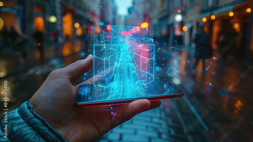 Futursitic smartphone with a 3d hologram of a map to navigate Futursitic smartphone with a 3d hologram of a map to navigate
