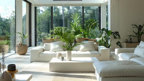 Bright and Airy Modern Living Room with Lush Tropical Plant Decor and Panoramic Nature Views