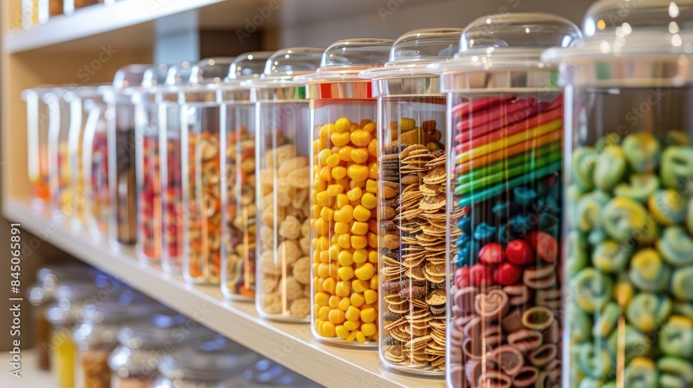 Cereal containers displayed in kitchen cabinet Cereal containers displayed in kitchen cabinet
