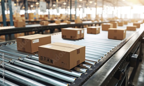 conveyor belt in a distribution warehouse with row of cardboard box packages for e-commerce delivery  and automated logistics concepts as wide banner with copysapce area - Generative AI 