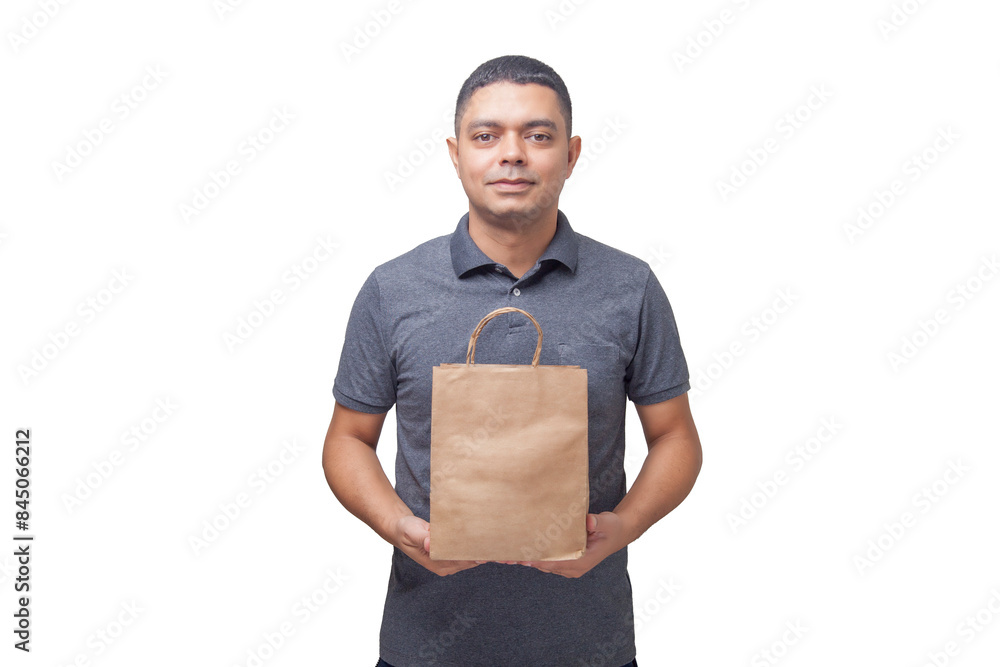 Delivery man holding cardboard box and paper packaging. Delivery concept. Delivery boy concept. Delivery man holding cardboard box and paper packaging. Delivery concept. Delivery boy concept.