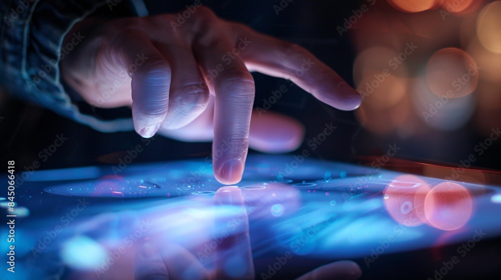Close-up of a person's hand interacting with a smart device's touchscreen , Generative AI Close-up of a person's hand interacting with a smart device's touchscreen , Generative AI