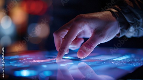 Close-up of a person's hand interacting with a smart device's touchscreen , Generative AI photo