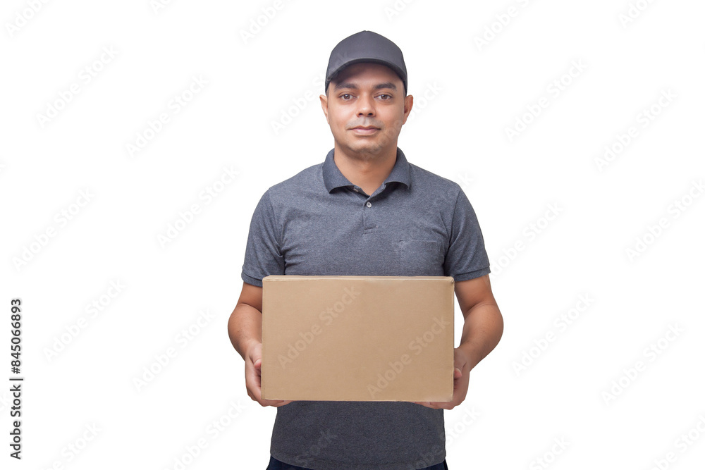 Delivery man holding cardboard box and paper packaging. Delivery concept. Delivery boy concept. Delivery man holding cardboard box and paper packaging. Delivery concept. Delivery boy concept.