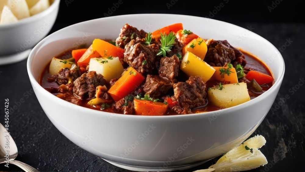 Essence of Hearty Comfort, A Dual-Angle Close-Up of Rich Slow-Cooked Beef Stew in a Bowl Essence of Hearty Comfort, A Dual-Angle Close-Up of Rich Slow-Cooked Beef Stew in a Bowl