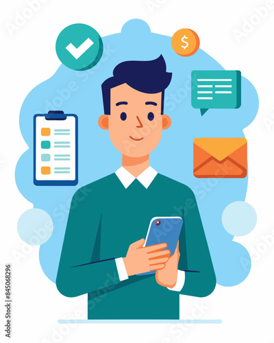 On his phone a man sets a weekly budget for himself relying on digital payment notifications and reminders to help him stay within his financial limits.. Vector illustration