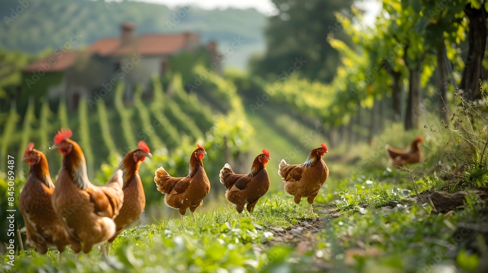 Fototapeta premium Picturesque Italian Farmstead with Free-Roaming Poultry and Verdant Vineyard Landscape