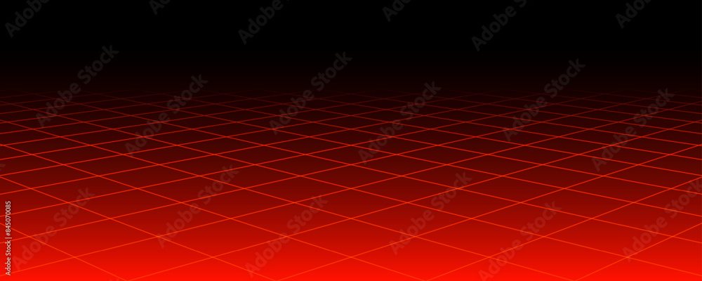 Red glowing neon wireframe background. Shining diagonal checkered grid planes in perspective. Retro futuristic depth wallpaper. Arcade game sci fi matrix surface backdrop for poster, banner. Vector