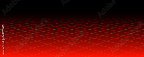 Red glowing neon wireframe background. Shining diagonal checkered grid planes in perspective. Retro futuristic depth wallpaper. Arcade game sci fi matrix surface backdrop for poster, banner. Vector