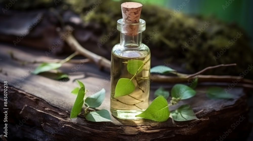 Essential Oil or Herbal essence, small glass bottle with hemp oil with a stopper on a natural background Essential Oil or Herbal essence, small glass bottle with hemp oil with a stopper on a natural background