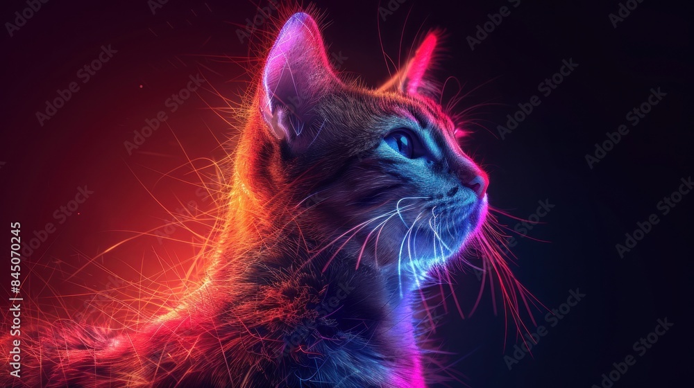 Cat in glowing neon colorful gradient style on abstract background, GENERATE AI