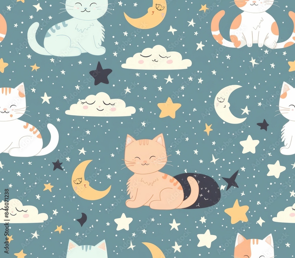 Adorable and whimsical seamless pattern featuring playful kittens surrounded by soft pastel stars moons and clouds creating a calming and enchanting nursery or home decor design Adorable and whimsical seamless pattern featuring playful kittens surrounded by soft pastel stars moons and clouds creating a calming and enchanting nursery or home decor design
