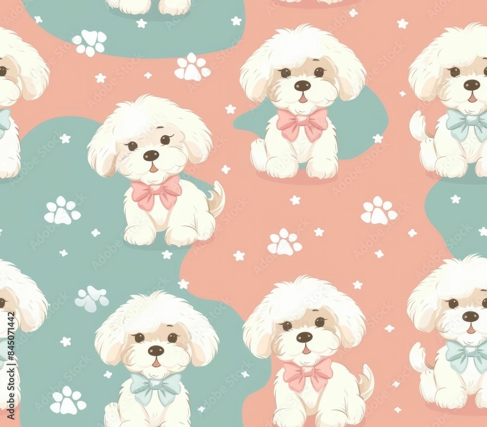 Cute and Minimalist Seamless Pattern Featuring Adorable Fluffy Puppies in Pastel Colors with Decorative Bows and Collars Cute and Minimalist Seamless Pattern Featuring Adorable Fluffy Puppies in Pastel Colors with Decorative Bows and Collars